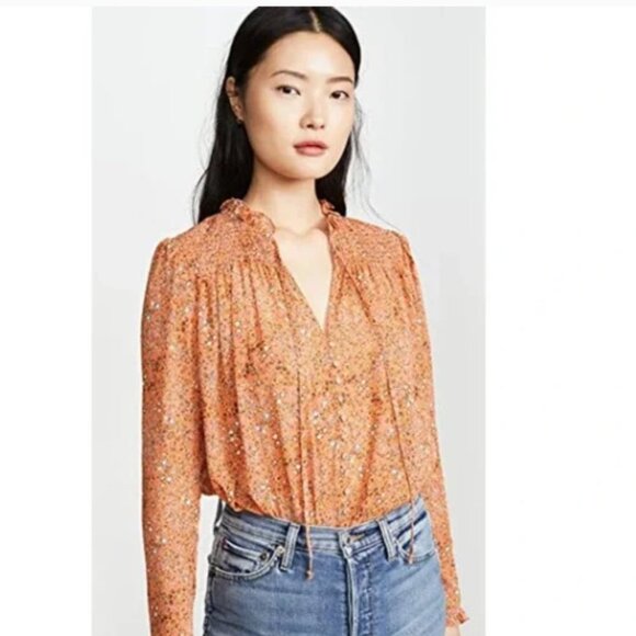 Free People Tops - Free People Lela Blouse Womens Floral Smocked Ruffle Coral Flowy Top